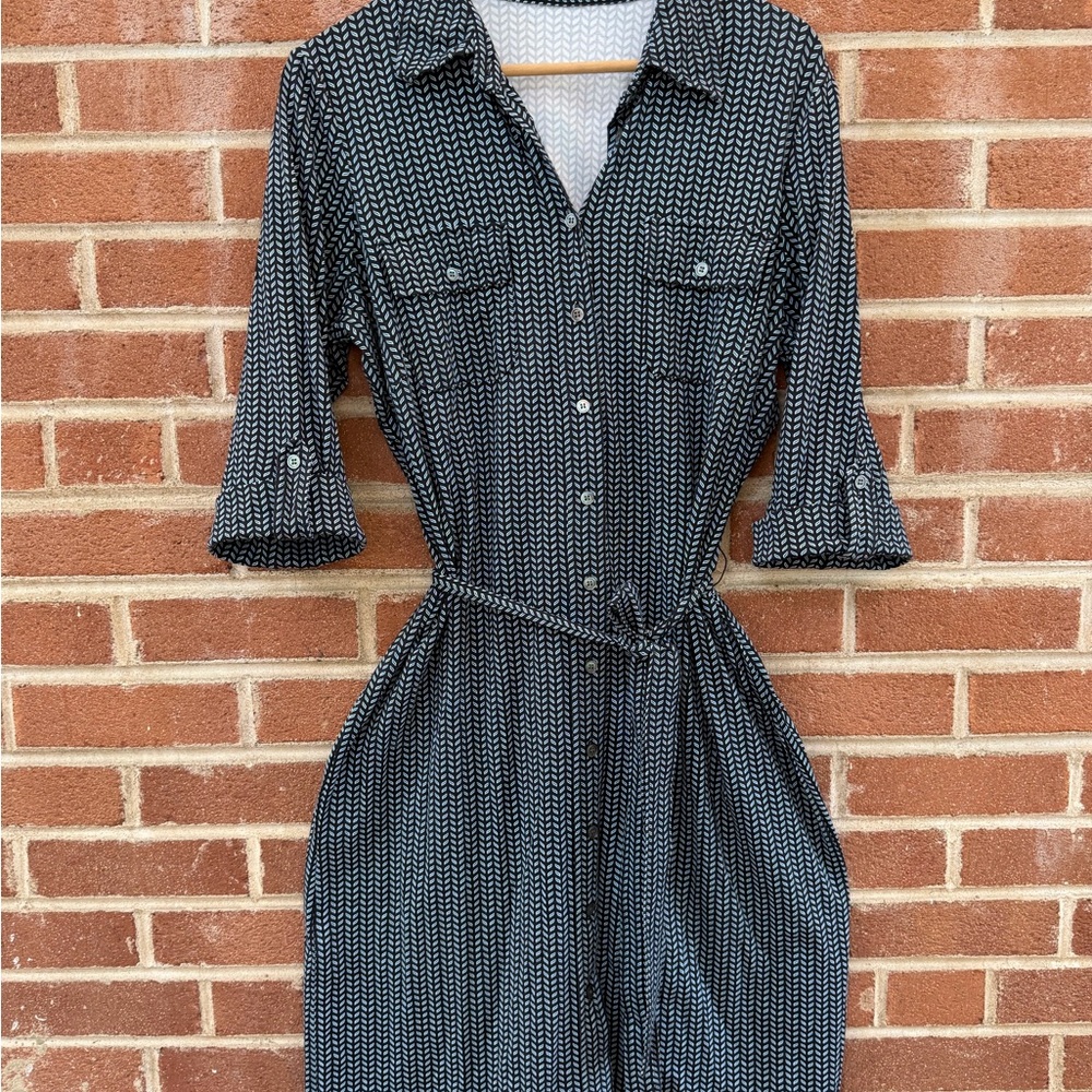 J. McLaughlin Shirt Dress Women’s Size Large Collared Herringbone Blue Tie Waist